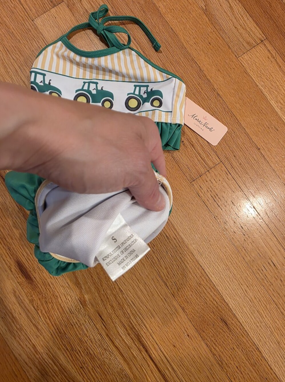Marie Nicole Green & Yellow Striped Tractors Two-Piece Swimsuit - Picture 3 of 5